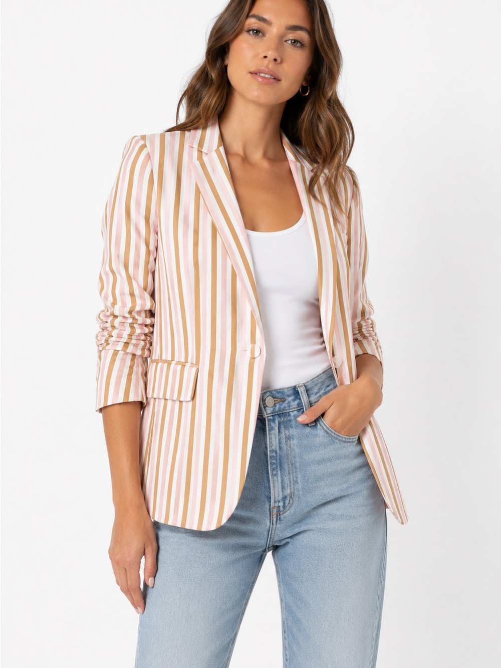 FRAME Striped Blazer Size 6 Pink Camel White Tailored Jacket